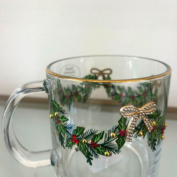Hand Painted & Jeweled Thick Glass Mug Set of 2 Coquette Christmas Holly & Bows - Picture 10 of 16